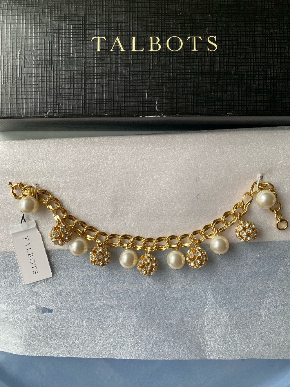 NWT Talbots Gold Tone Faux Pearl & Crystal Charm Bracelet